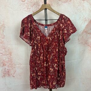 OLD NAVY floral flutter sleeve boho top size 3X v-neck burgundy peasant prairie